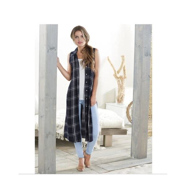 Mud Pie Gingham Duster Medium Button Up Swim Cover Up Lagenlook Prep Cottagecore - Picture 1 of 14